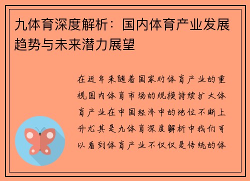 九体育深度解析：国内体育产业发展趋势与未来潜力展望