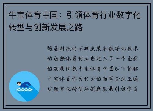 牛宝体育中国：引领体育行业数字化转型与创新发展之路