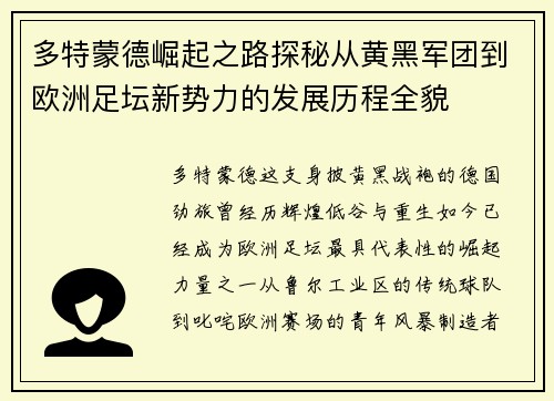 多特蒙德崛起之路探秘从黄黑军团到欧洲足坛新势力的发展历程全貌 多特蒙德崛起之路探秘从黄黑军团到欧洲足坛新势力的发展历程全貌